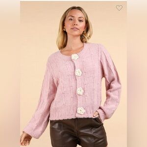 Pink Cable Knit Cardigan with Floral Buttons